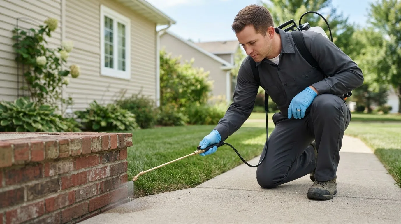 Pest control technician treating a home near Elk Mound, WI