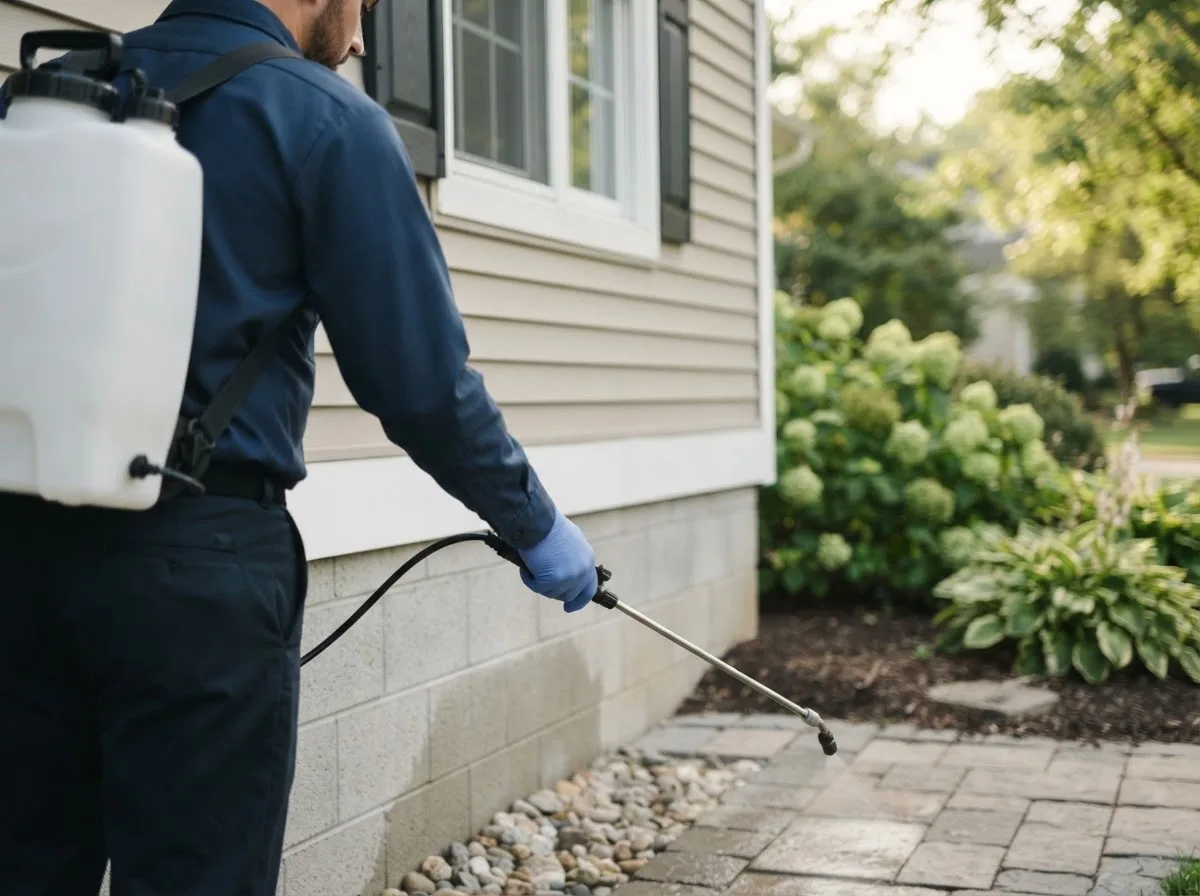Pest control technician inspecting a home in Elk Mound, WI